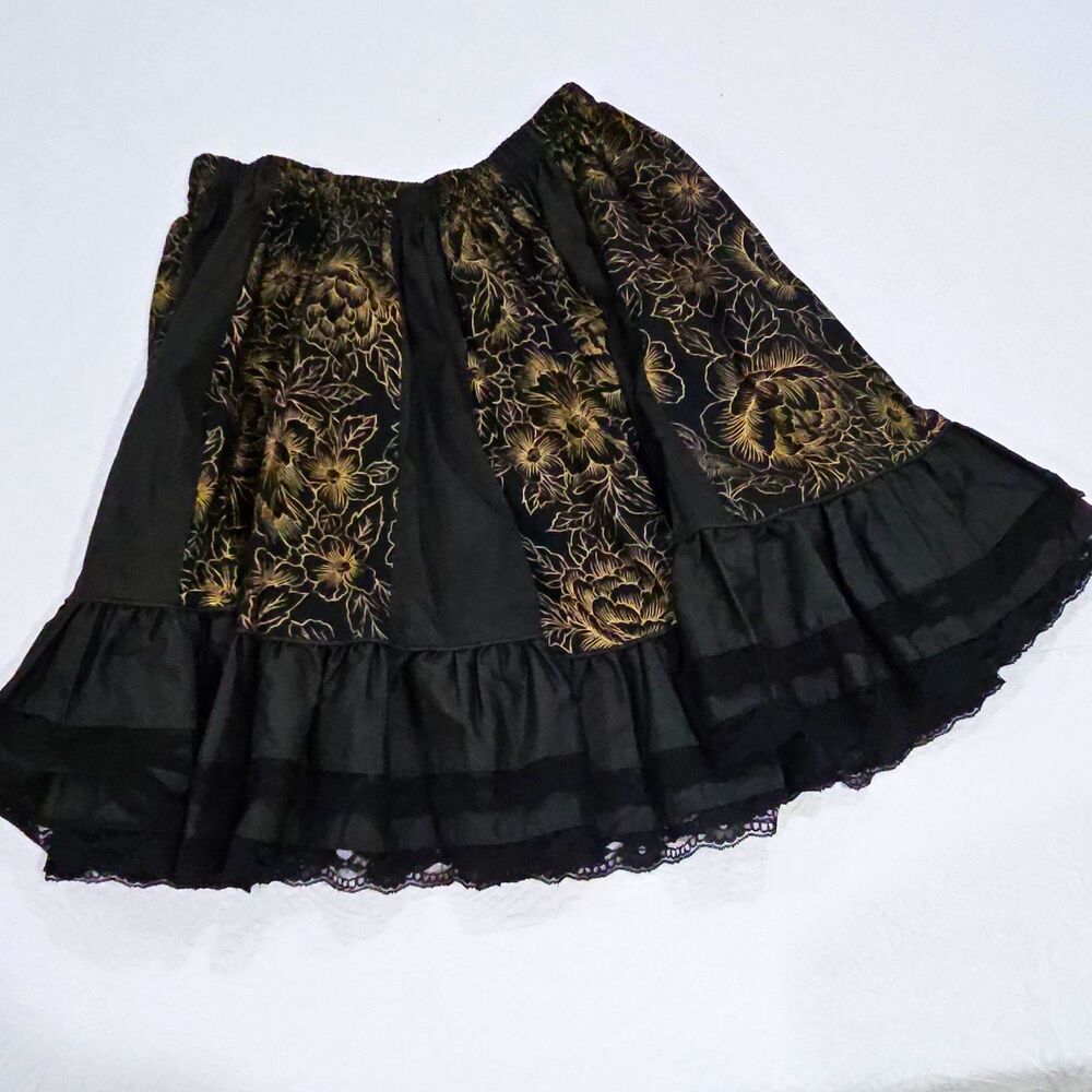 Vintage Tater Sax Black Gold Floral Tiered Skirt Made in Mexico Boho Prairie